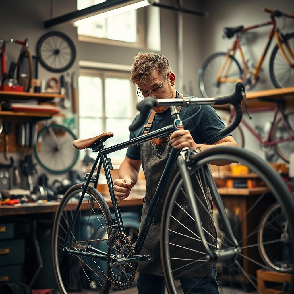 Restaurador de bicicletas vintage trabalhando